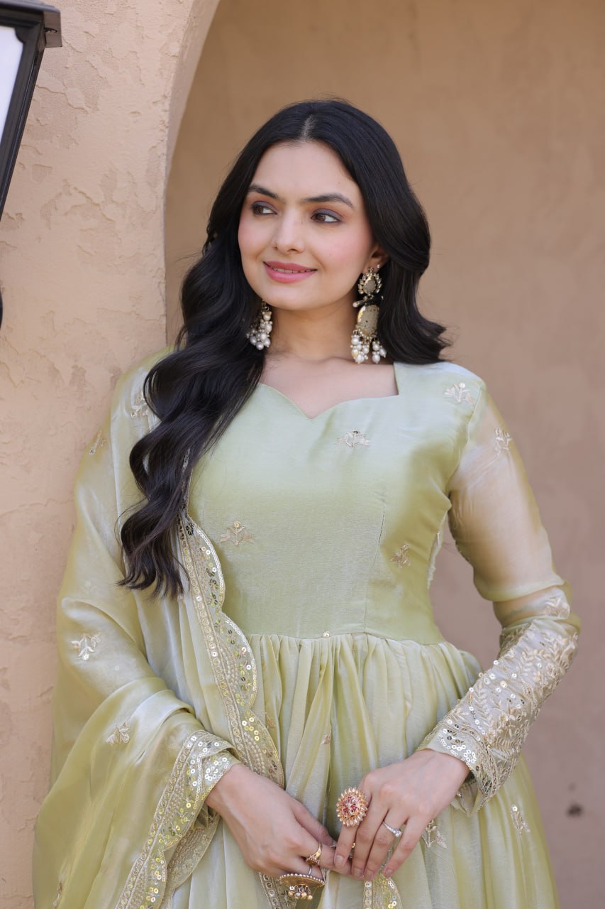 Pista Green Fendi Silk Embroidered Gown with Dupatta | Heavy Zari & Sequins Work
