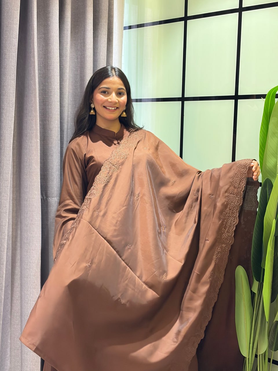 Coffee Brown Roman Silk Anarkali Gown Set with Embroidered Dupatta & Pant