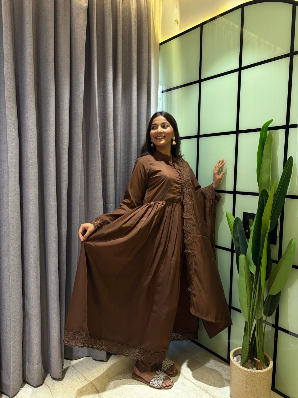 Coffee Brown Roman Silk Anarkali Gown Set with Embroidered Dupatta & Pant