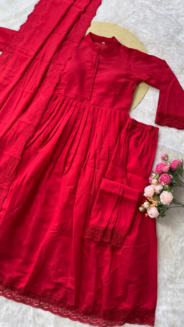 Ruby Red Roman Silk Anarkali Gown Set with Embroidered Dupatta & Pant