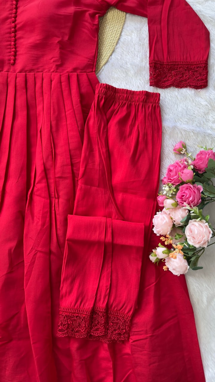 Ruby Red Roman Silk Anarkali Gown Set with Embroidered Dupatta & Pant