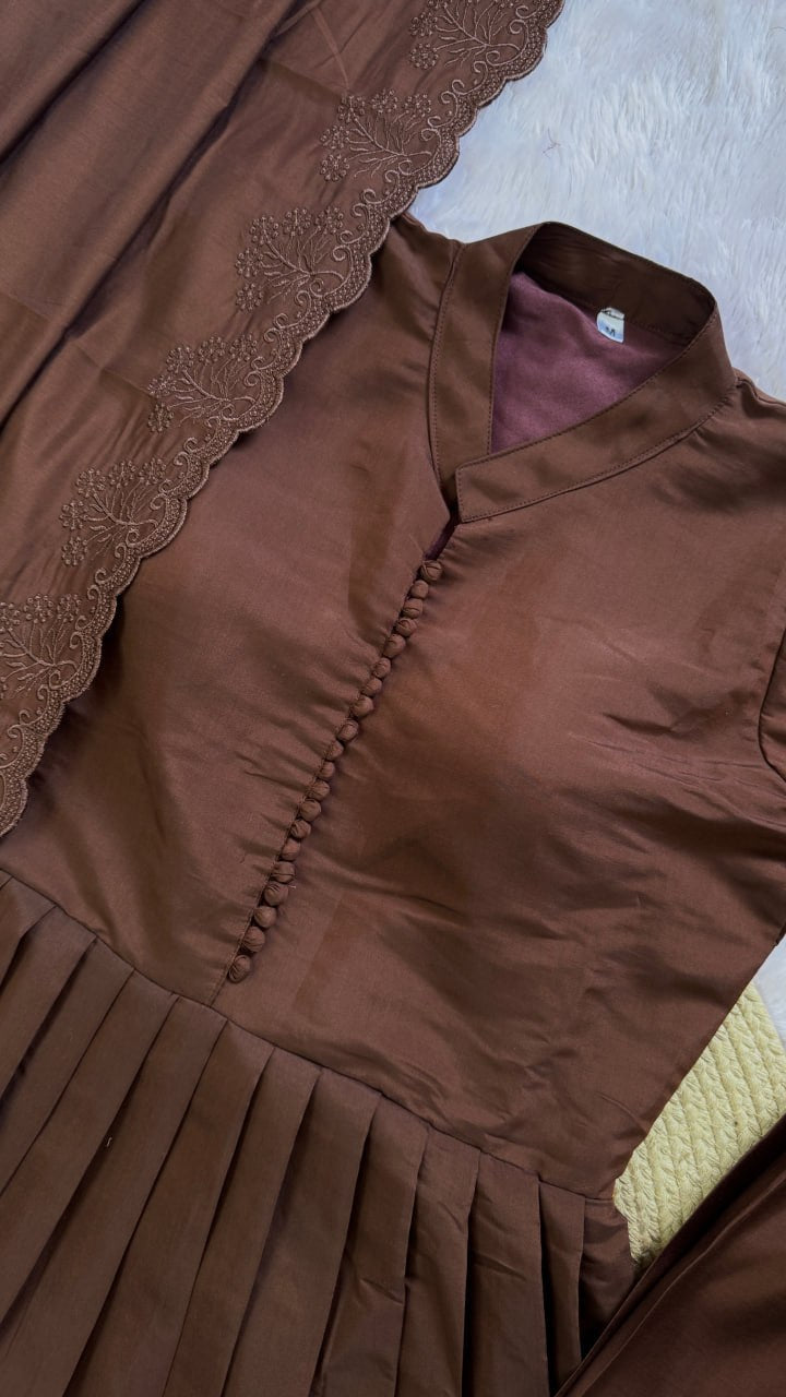 Coffee Brown Roman Silk Anarkali Gown Set with Embroidered Dupatta & Pant