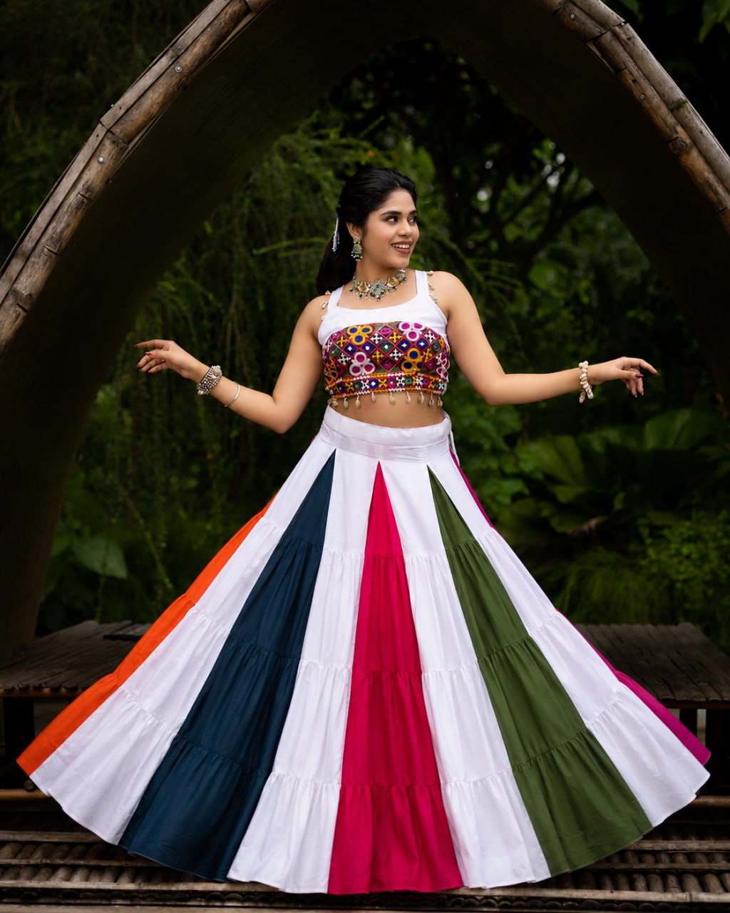 White Multicolor Navratri Chaniya Choli with Gamthi Mirror Work Blouse