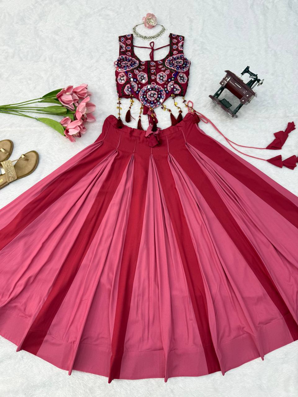 Wine Pink & Rose Pink Heavy Rayon Mirror Work Lehenga Choli