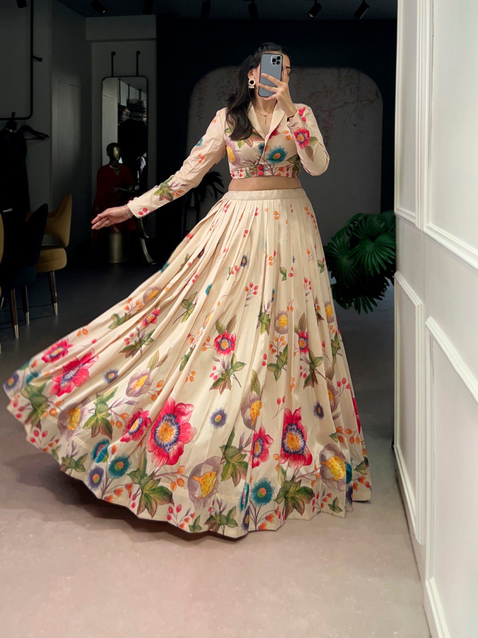 Ivory Cream Floral Print Tasar Silk Co-Ord Lehenga Set