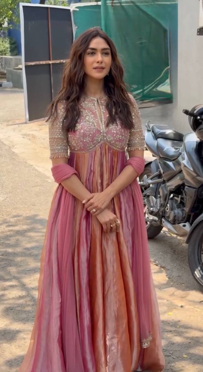 Dusty Rose Pink Moss Silk Embroidered Anarkali Gown Set with Dupatta