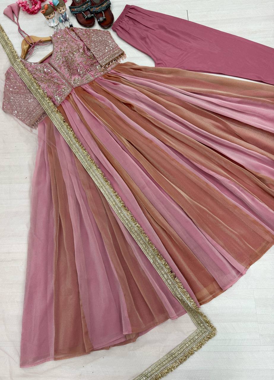 Dusty Rose Pink Moss Silk Embroidered Anarkali Gown Set with Dupatta