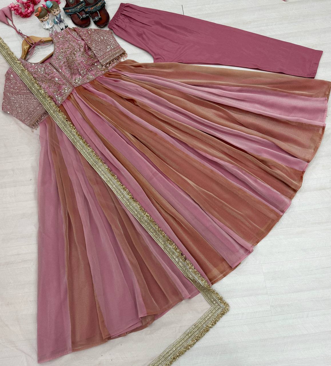 Dusty Rose Pink Moss Silk Embroidered Anarkali Gown Set with Dupatta