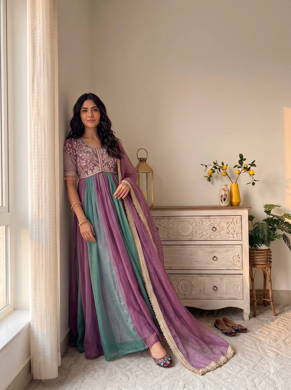 Mauve Purple & Sage Green Ombre Moss Silk Embroidered Anarkali Gown Set