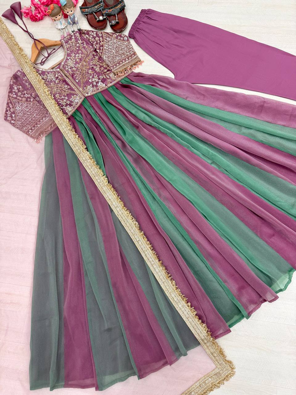 Mauve Purple & Sage Green Ombre Moss Silk Embroidered Anarkali Gown Set