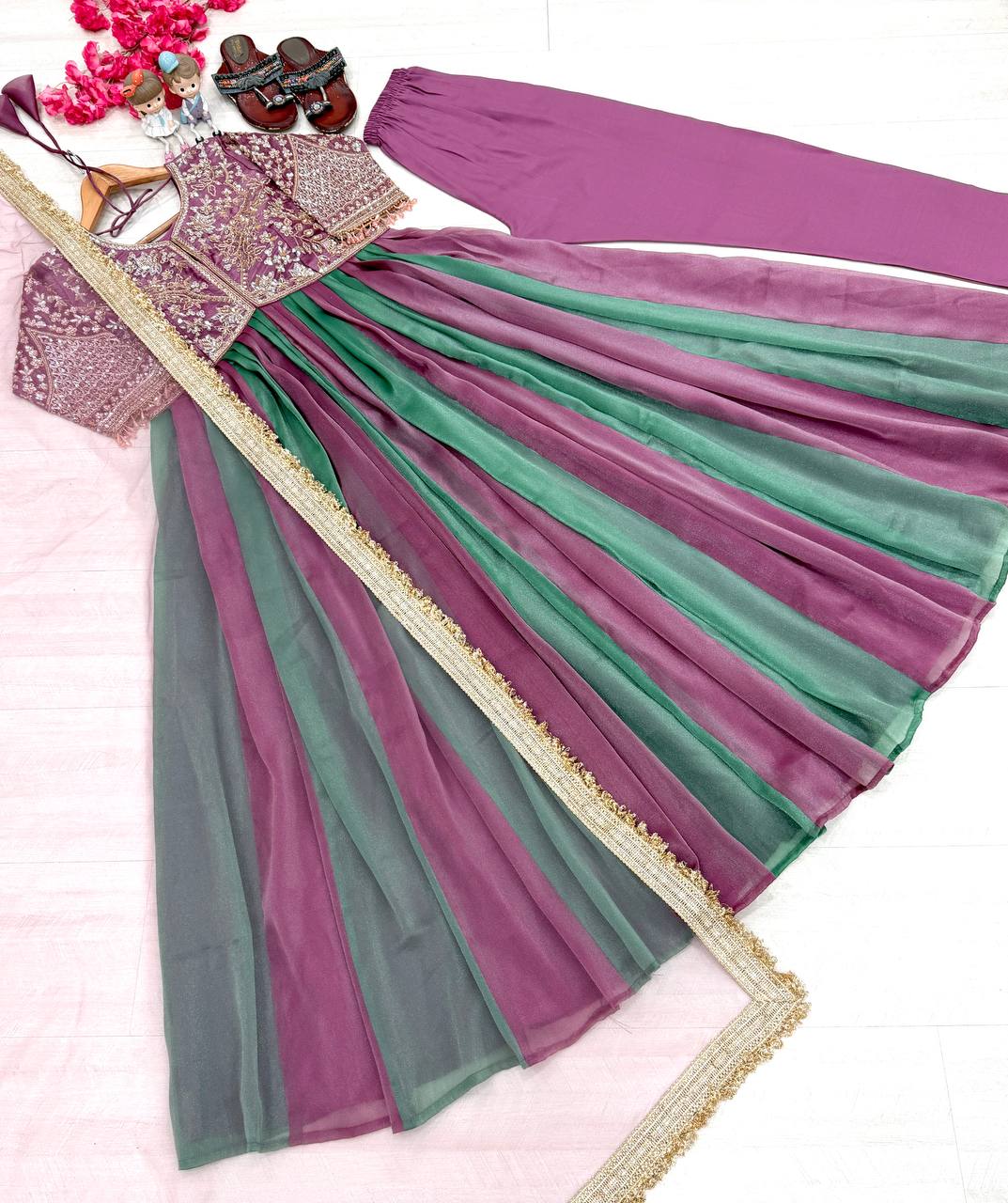 Mauve Purple & Sage Green Ombre Moss Silk Embroidered Anarkali Gown Set