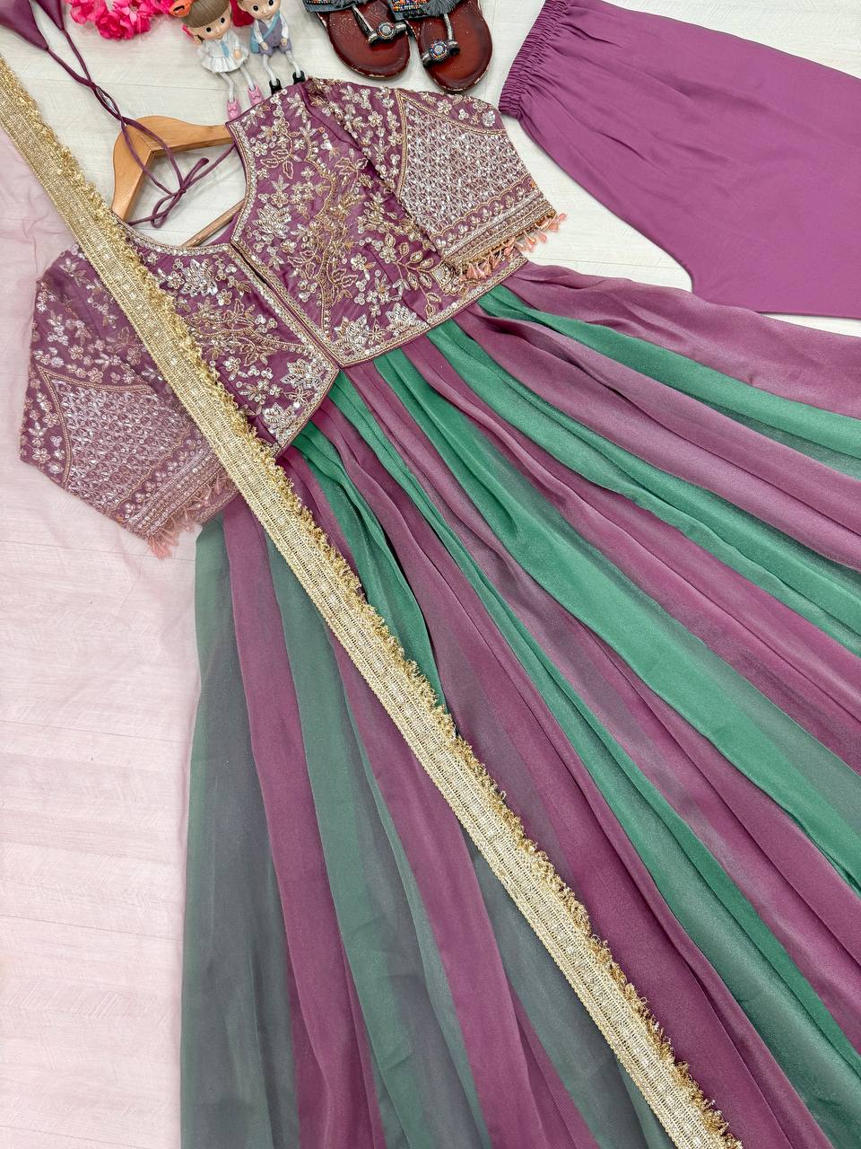 Mauve Purple & Sage Green Ombre Moss Silk Embroidered Anarkali Gown Set