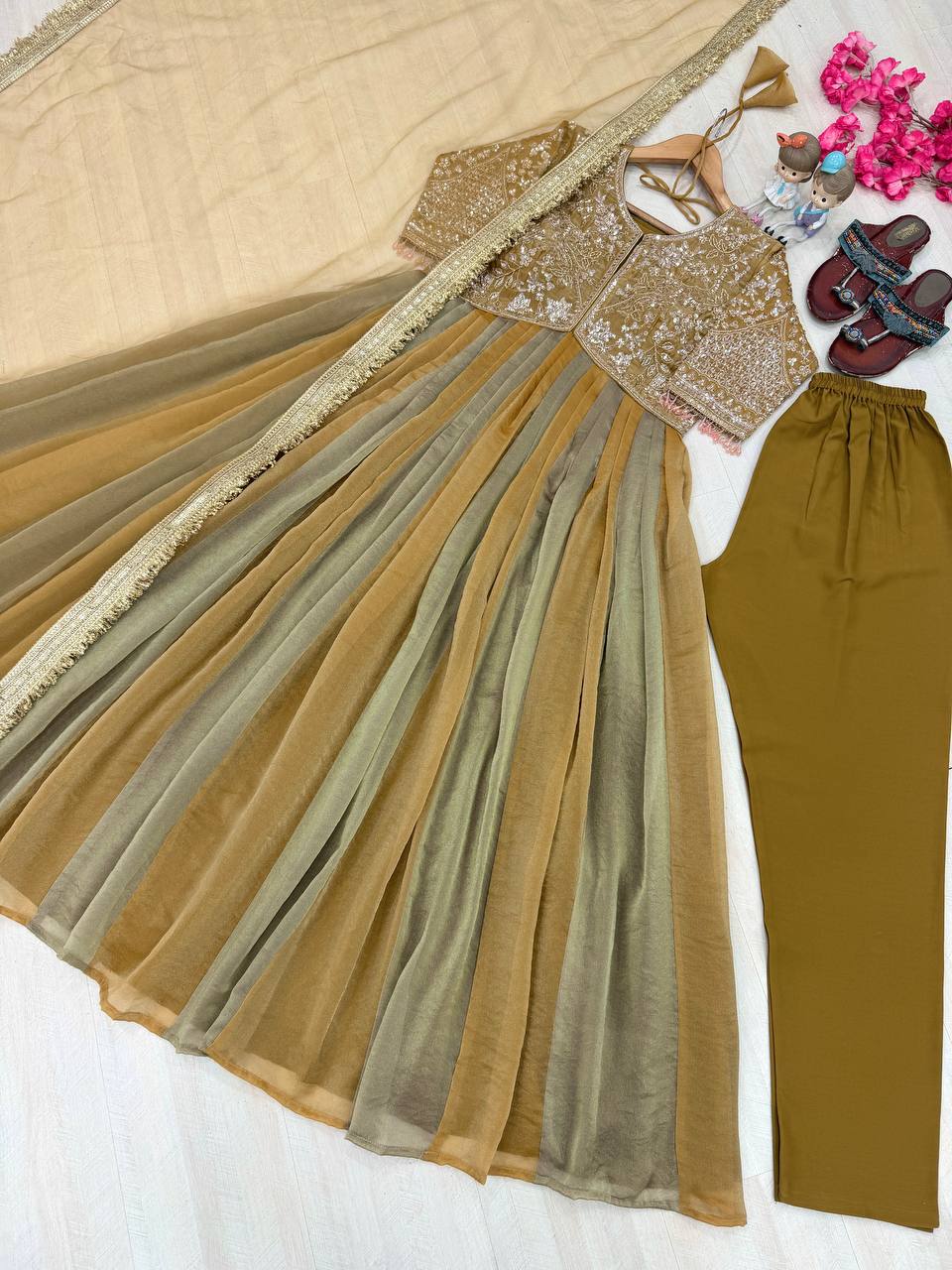 Mustard Gold & Olive Green Ombre Moss Silk Embroidered Anarkali Gown Set