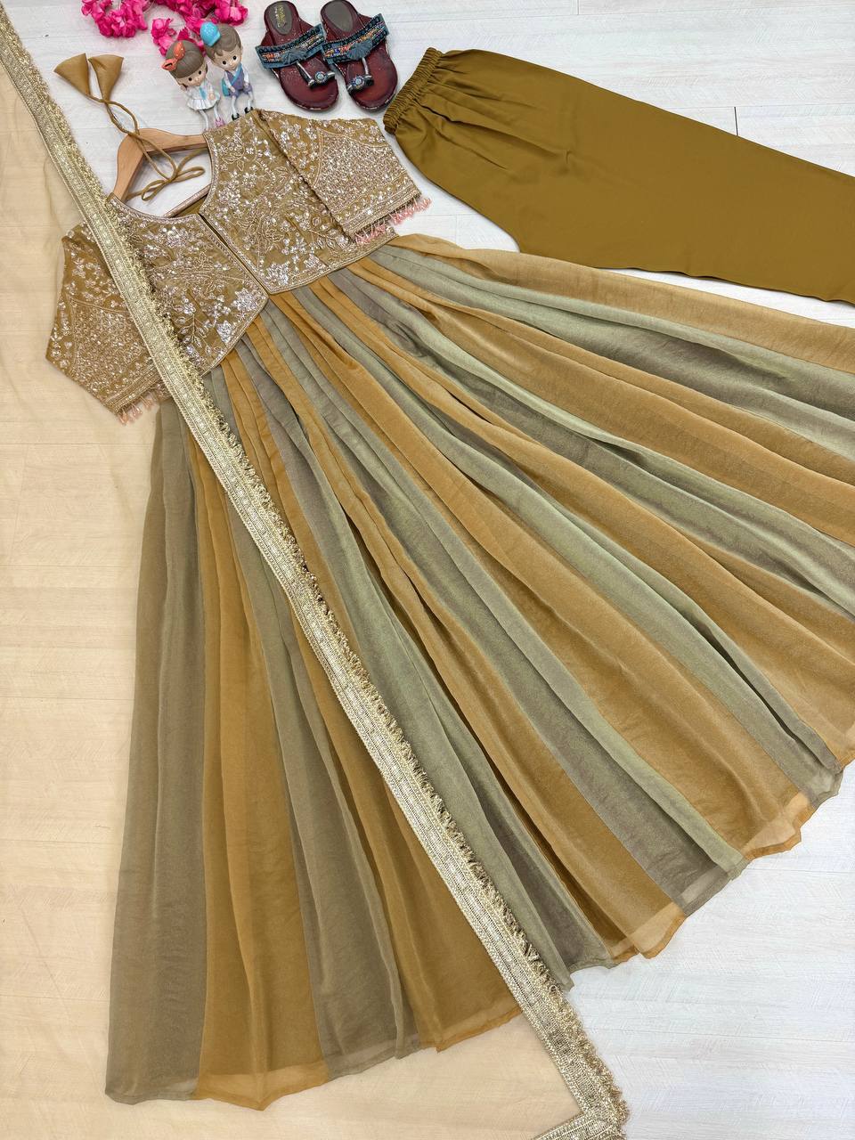 Mustard Gold & Olive Green Ombre Moss Silk Embroidered Anarkali Gown Set