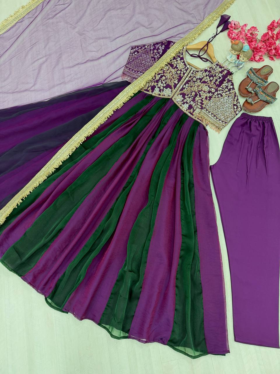 Purple & Bottle Green Ombre Moss Silk Embroidered Anarkali Gown Set