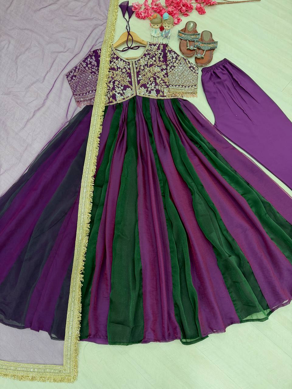 Purple & Bottle Green Ombre Moss Silk Embroidered Anarkali Gown Set