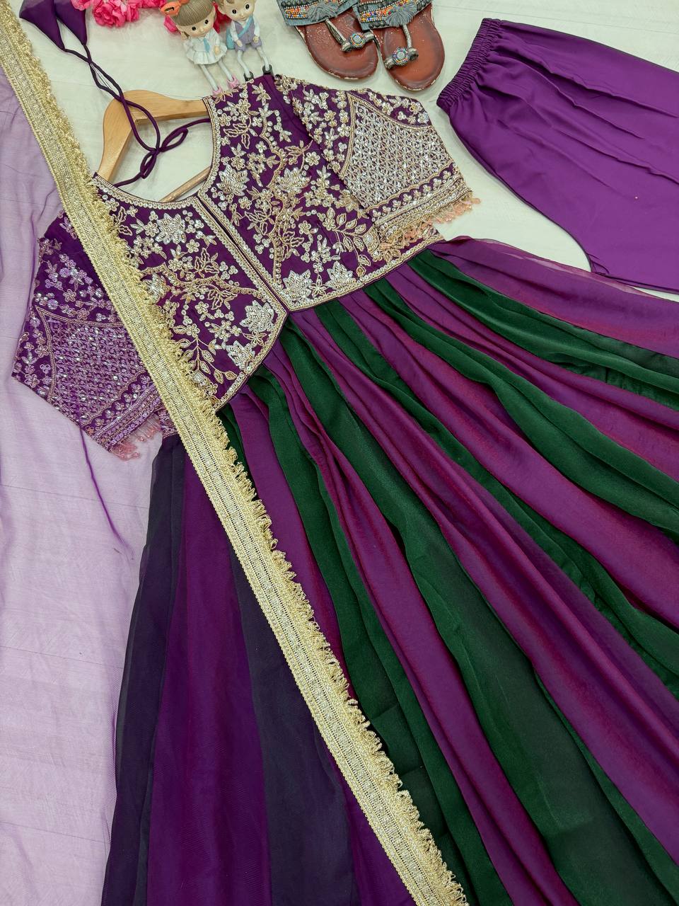 Purple & Bottle Green Ombre Moss Silk Embroidered Anarkali Gown Set