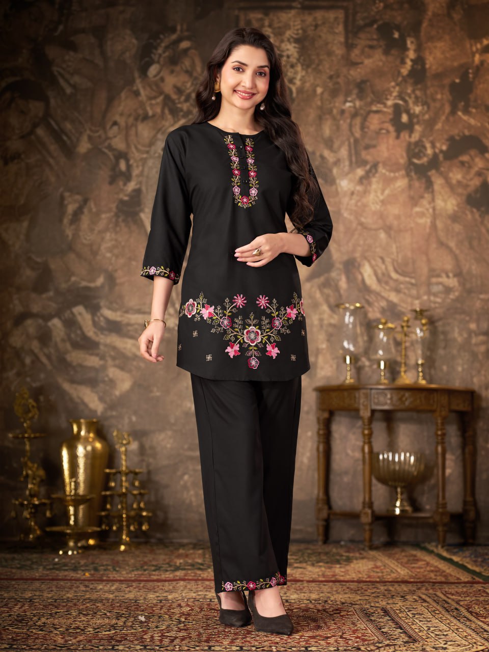 Black Heavy Rayon Floral Embroidered Co-Ord Set for Women