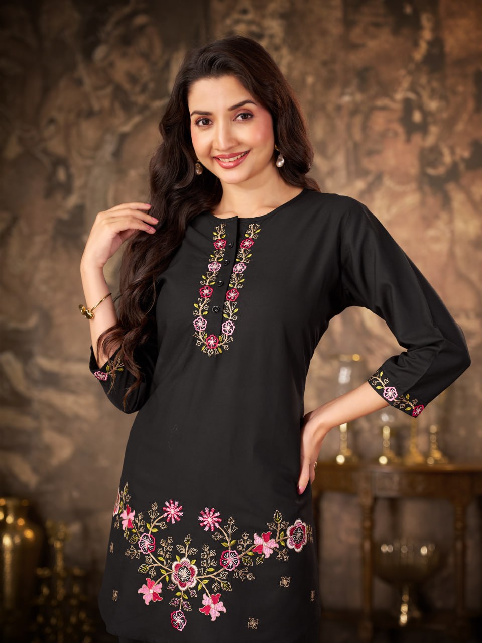 Black Heavy Rayon Floral Embroidered Co-Ord Set for Women