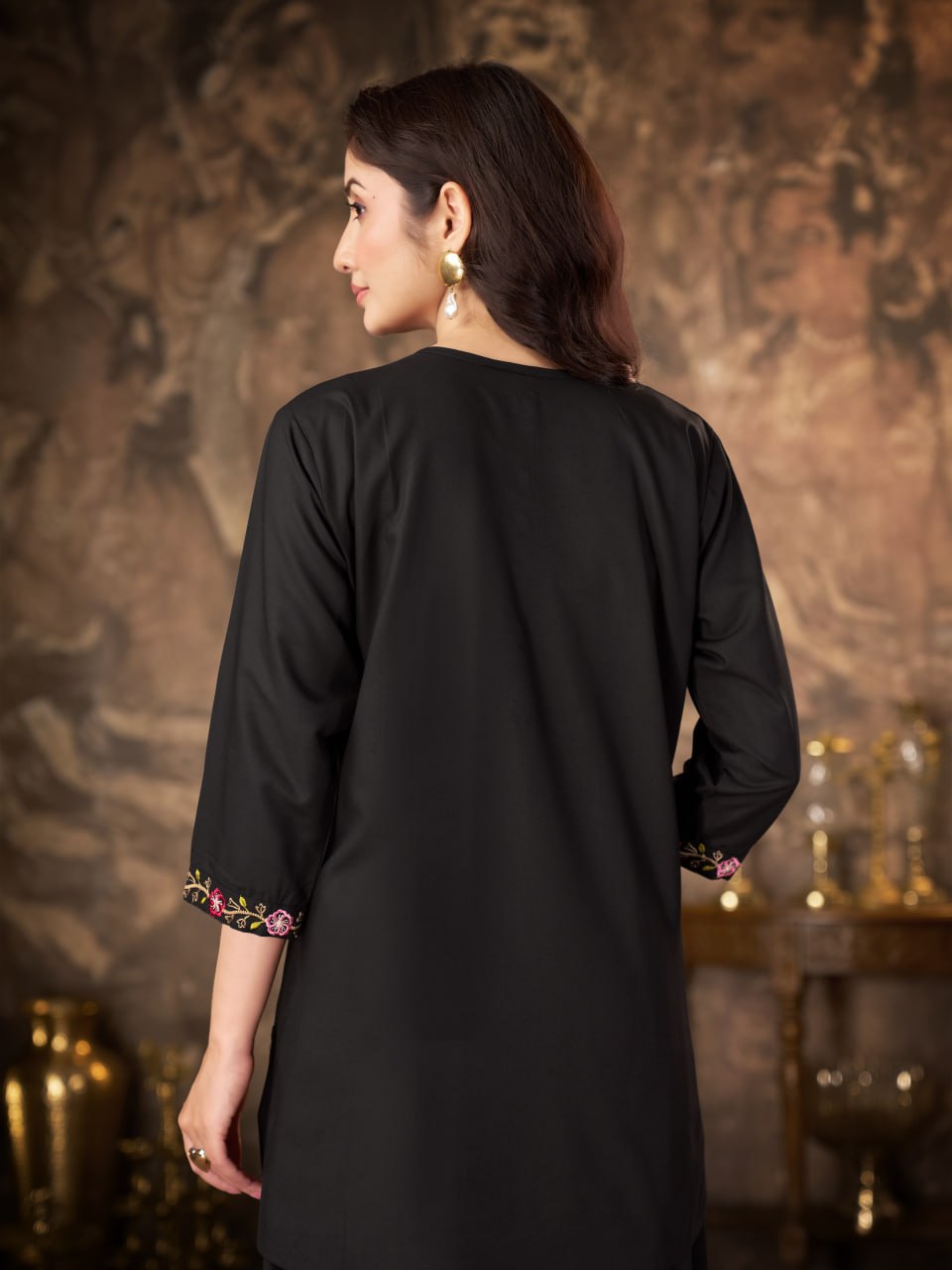 Black Heavy Rayon Floral Embroidered Co-Ord Set for Women