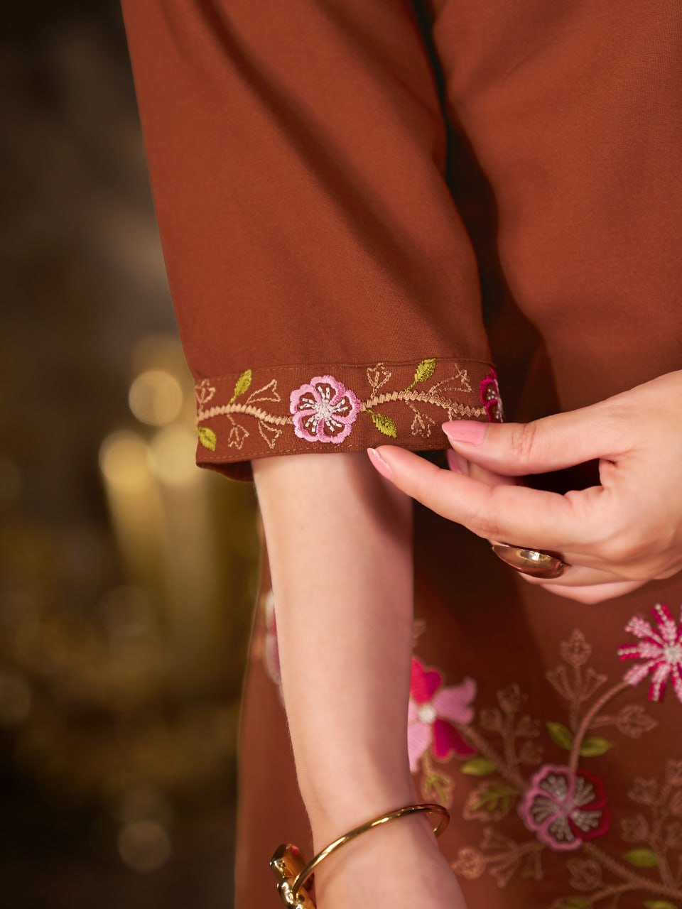 Rust Brown Heavy Rayon Floral Embroidered Co-Ord Set for Women