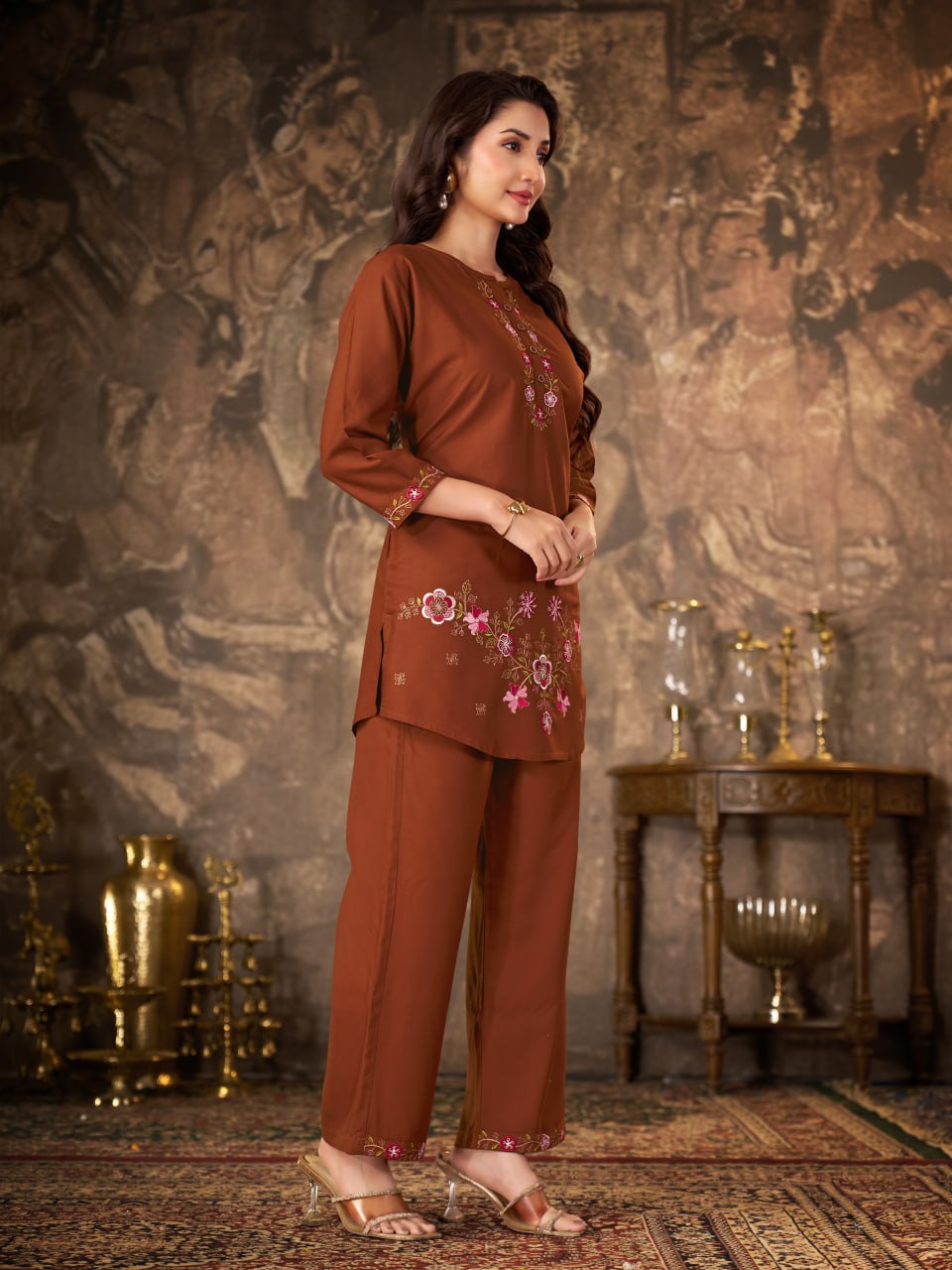 Rust Brown Heavy Rayon Floral Embroidered Co-Ord Set for Women