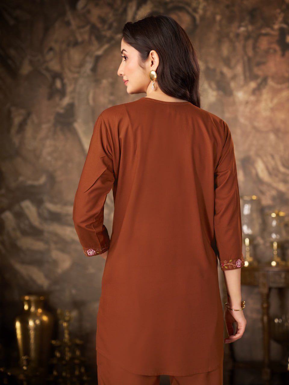 Rust Brown Heavy Rayon Floral Embroidered Co-Ord Set for Women