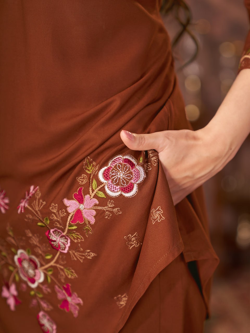 Rust Brown Heavy Rayon Floral Embroidered Co-Ord Set for Women