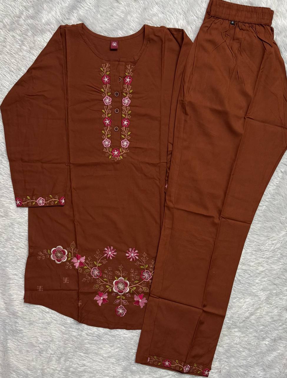 Rust Brown Heavy Rayon Floral Embroidered Co-Ord Set for Women
