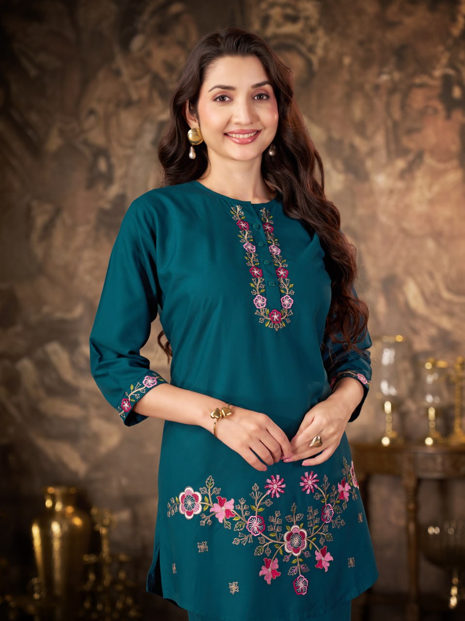 Teal Blue Heavy Rayon Floral Embroidered Co-Ord Set for Women