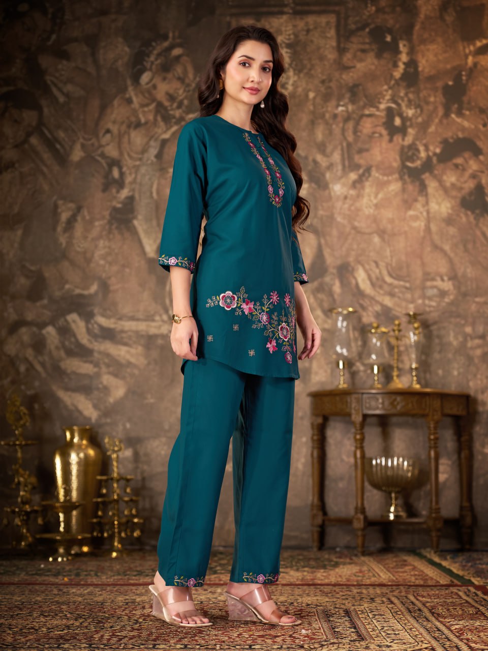 Teal Blue Heavy Rayon Floral Embroidered Co-Ord Set for Women