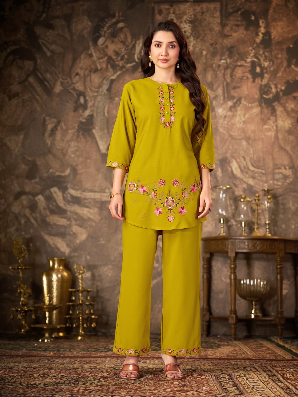 Olive Green Heavy Rayon Floral Embroidered Co-Ord Set for Women
