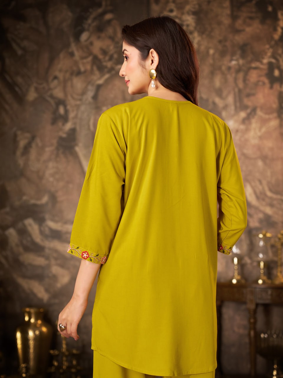 Olive Green Heavy Rayon Floral Embroidered Co-Ord Set for Women