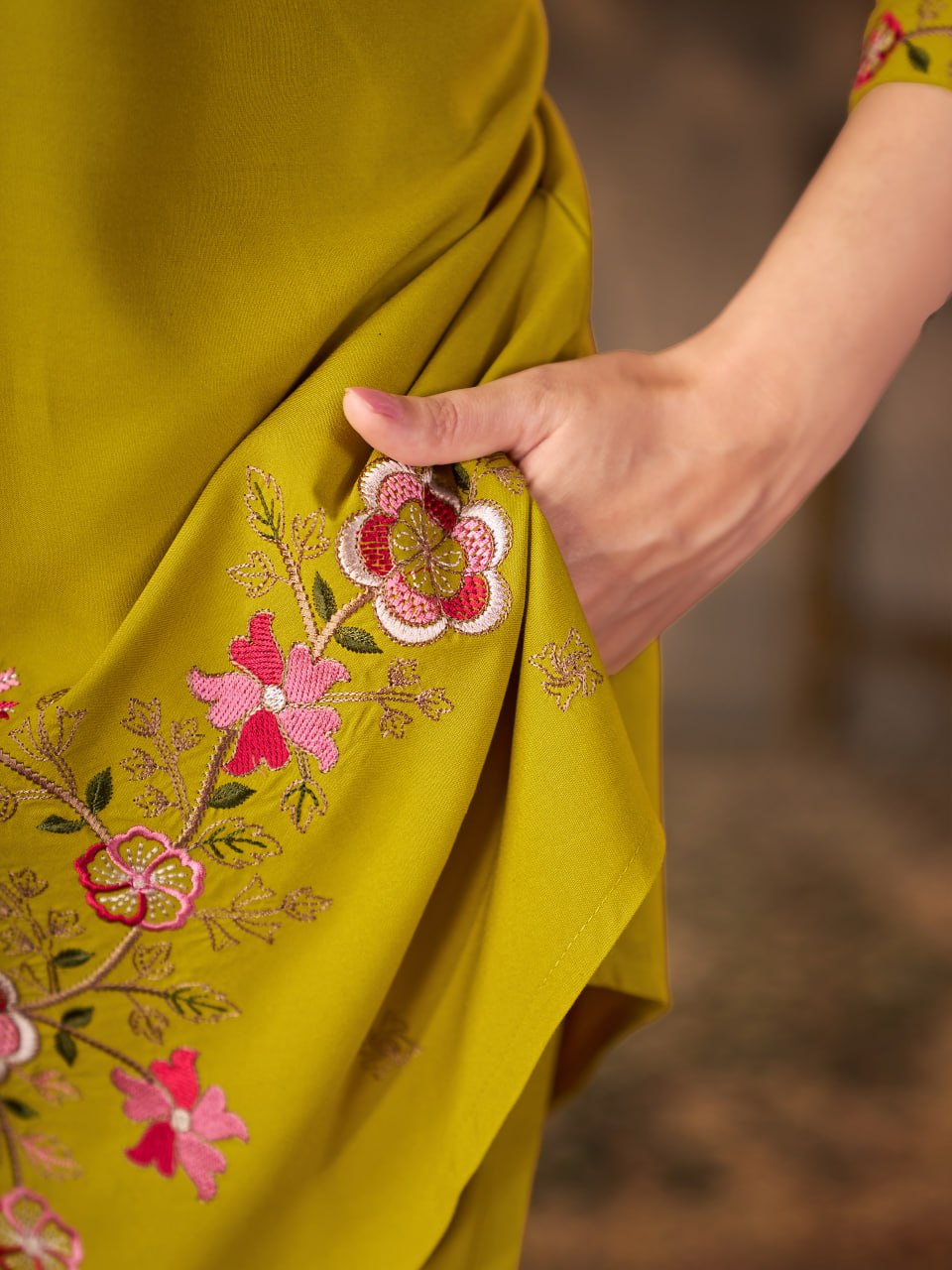 Olive Green Heavy Rayon Floral Embroidered Co-Ord Set for Women