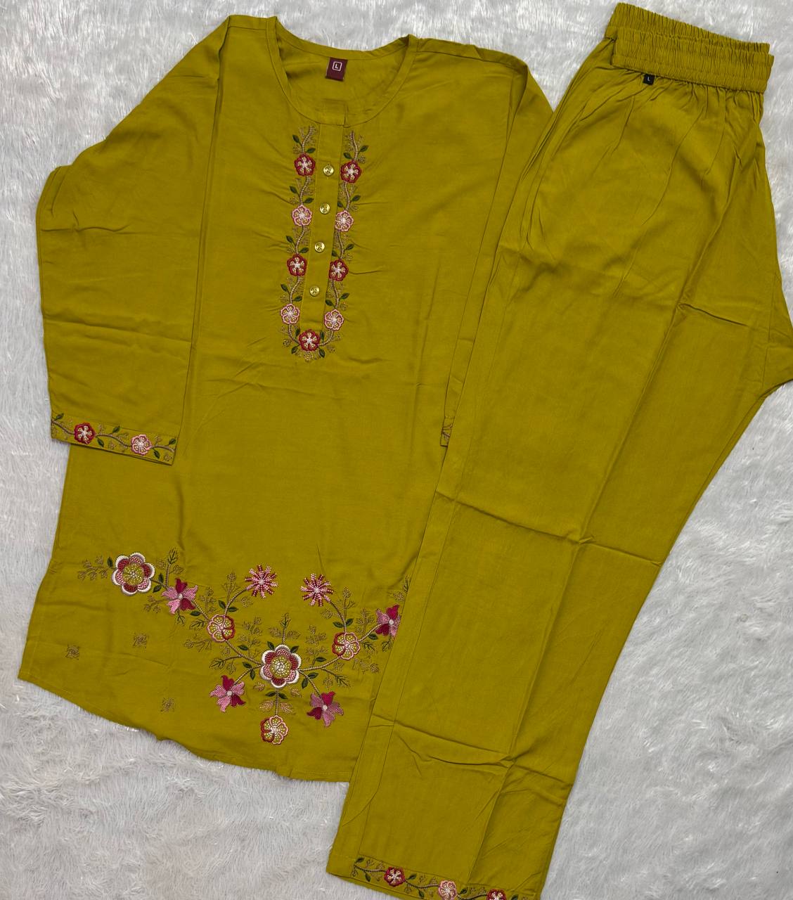 Olive Green Heavy Rayon Floral Embroidered Co-Ord Set for Women