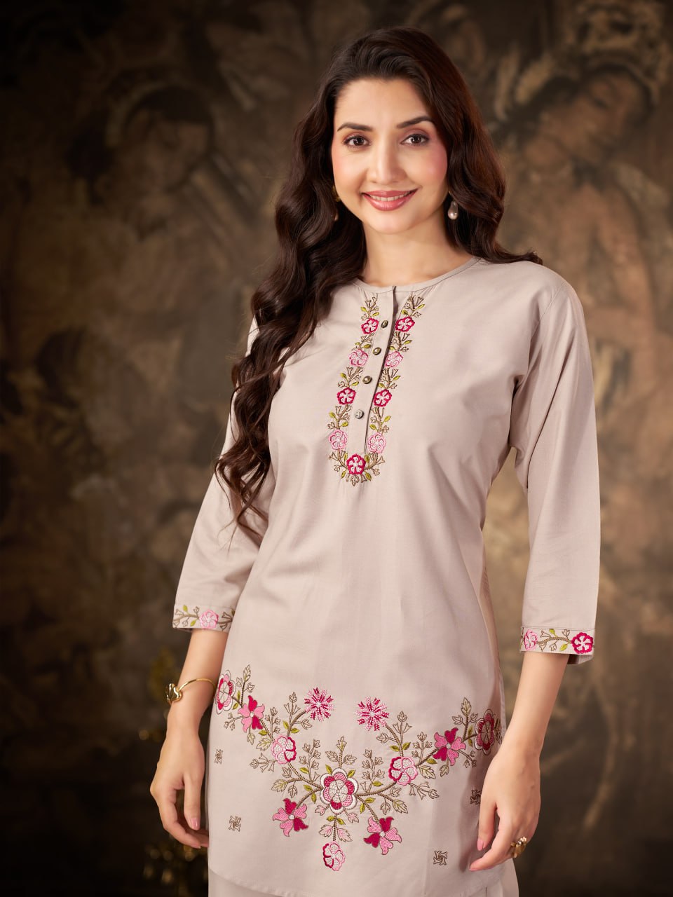 Beige Heavy Rayon Floral Embroidered Co-Ord Set for Women