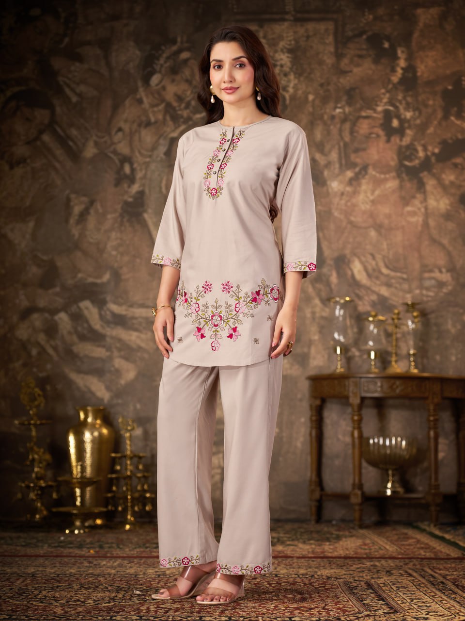 Beige Heavy Rayon Floral Embroidered Co-Ord Set for Women