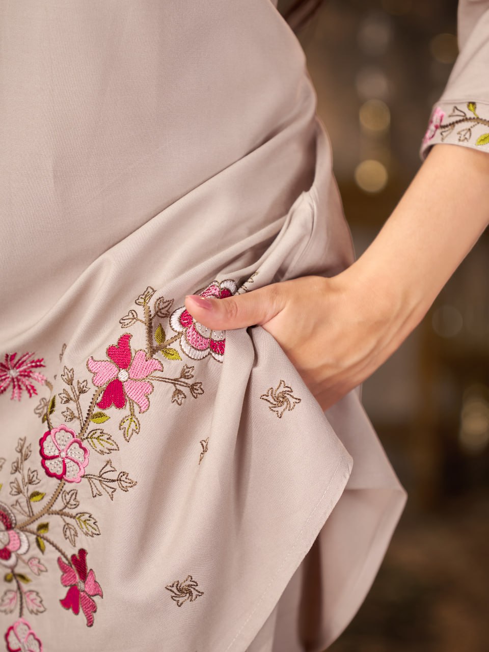Beige Heavy Rayon Floral Embroidered Co-Ord Set for Women