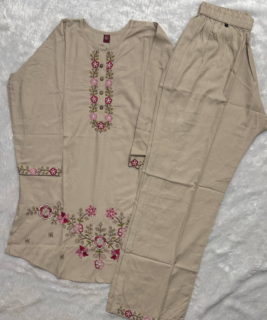 Beige Heavy Rayon Floral Embroidered Co-Ord Set for Women