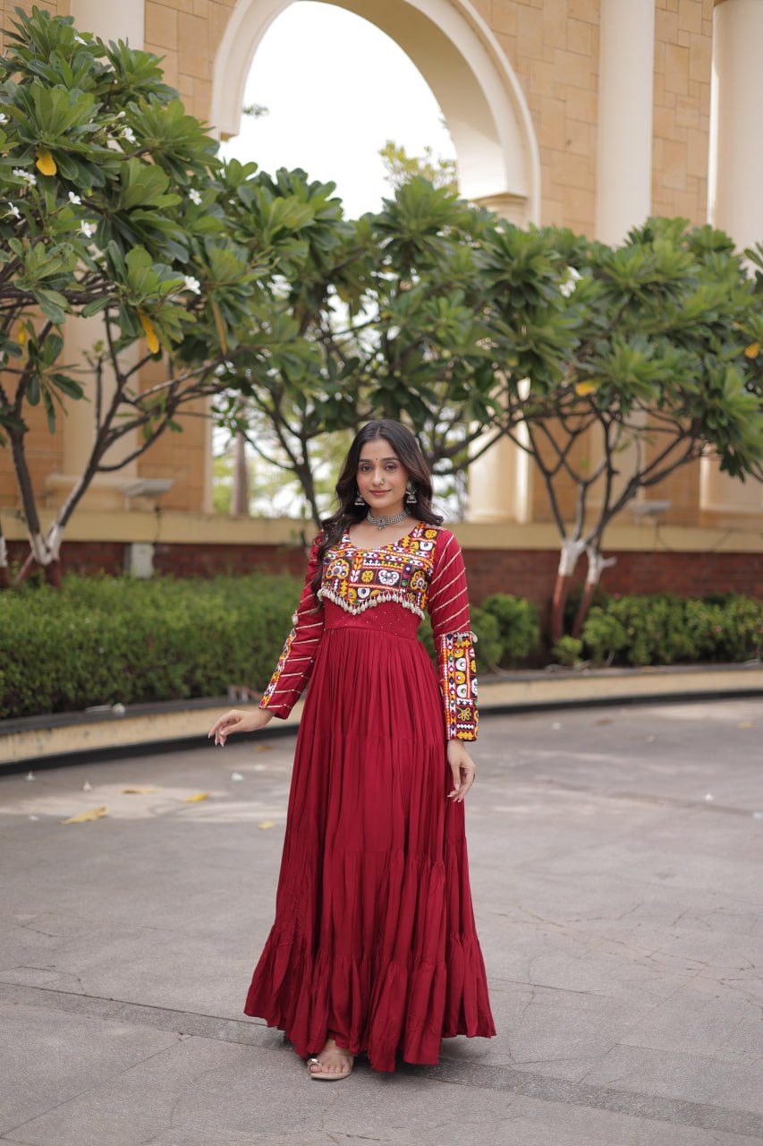 Maroon Gamthi Embroidered Reyon Flared Gown
