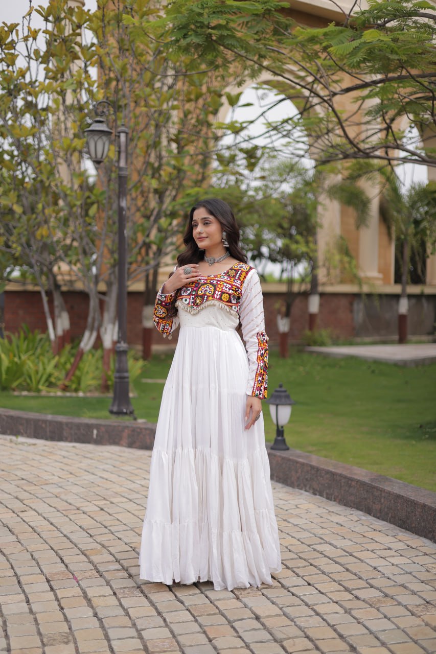White Gamthi Embroidered Reyon Flared Gown