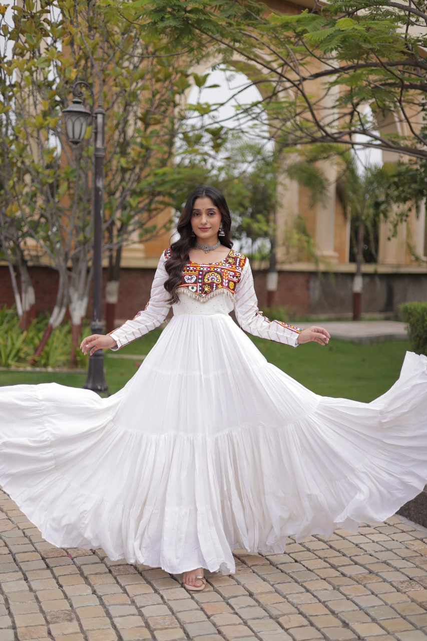 White Gamthi Embroidered Reyon Flared Gown