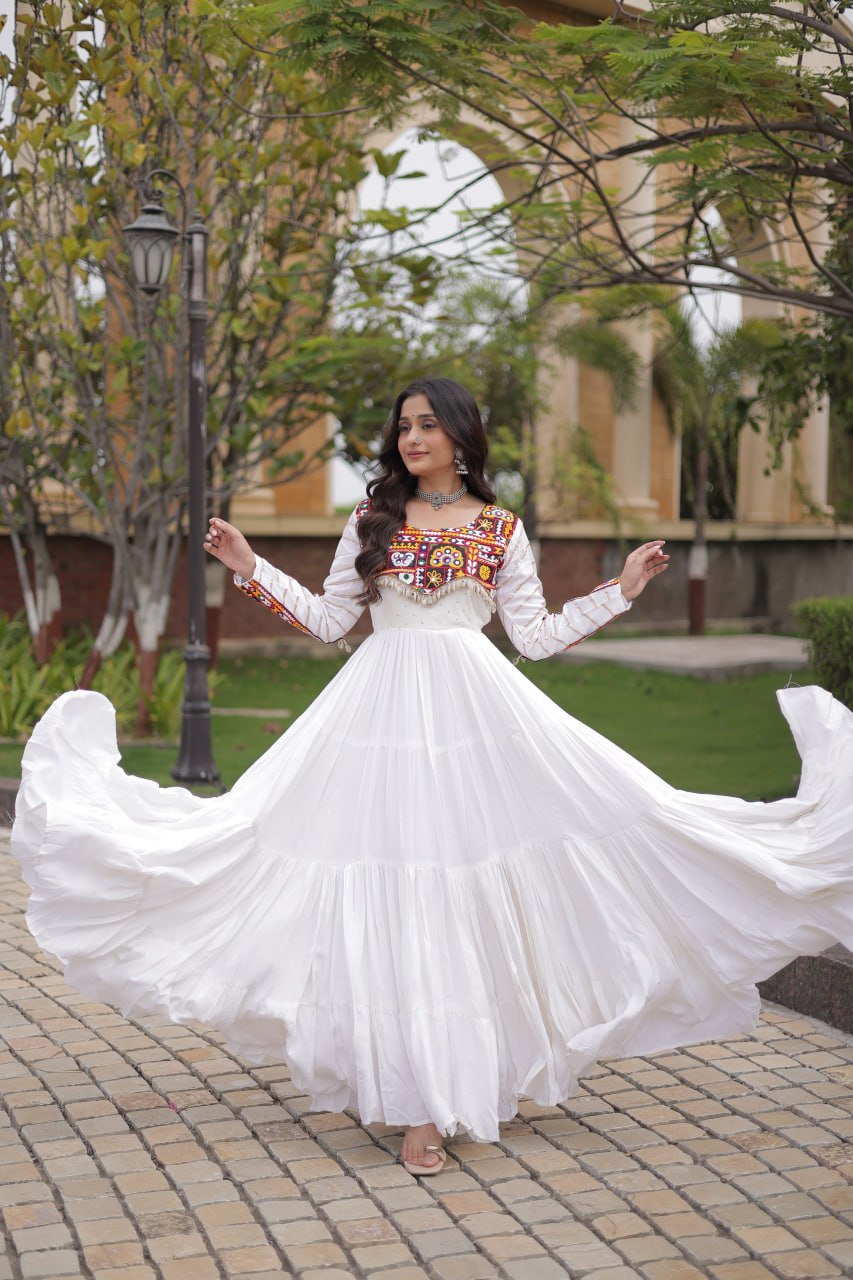 White Gamthi Embroidered Reyon Flared Gown