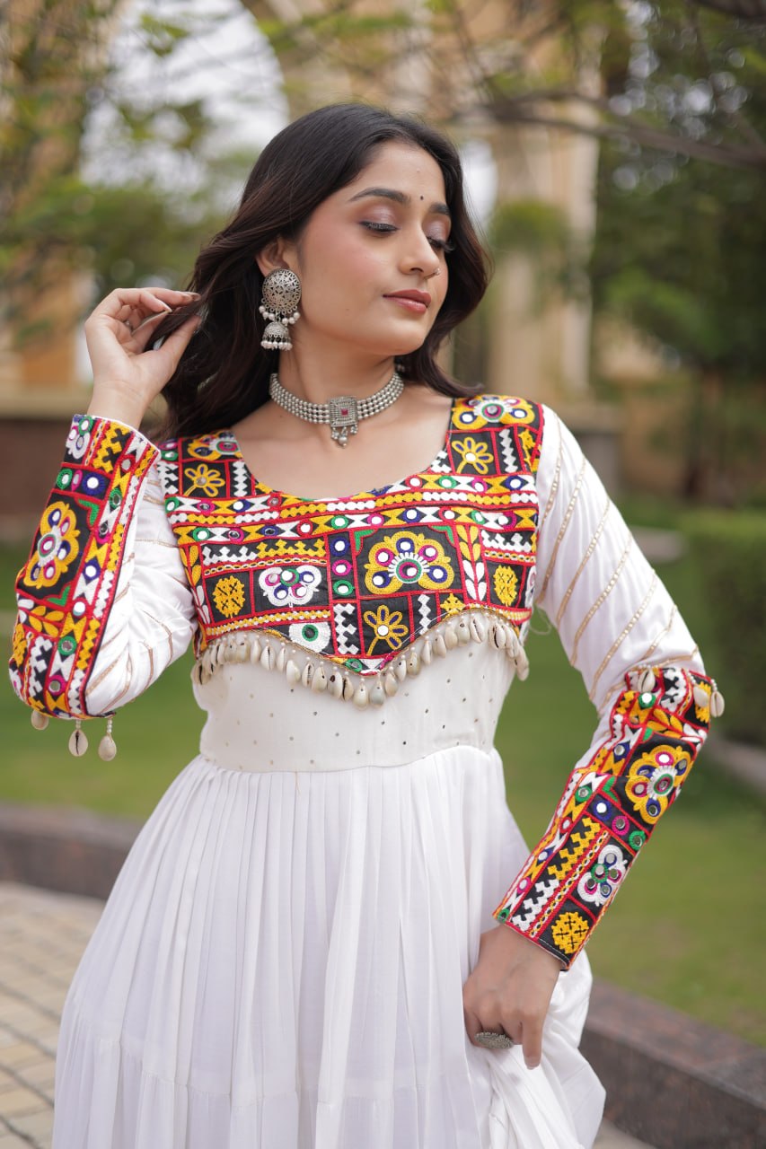 White Gamthi Embroidered Reyon Flared Gown