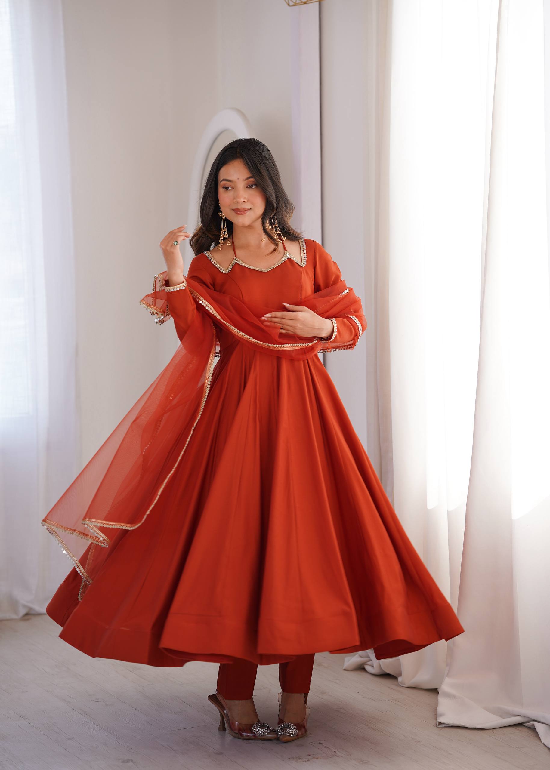 Rust Designer Anarkali Gown Set | Nardev Fashion