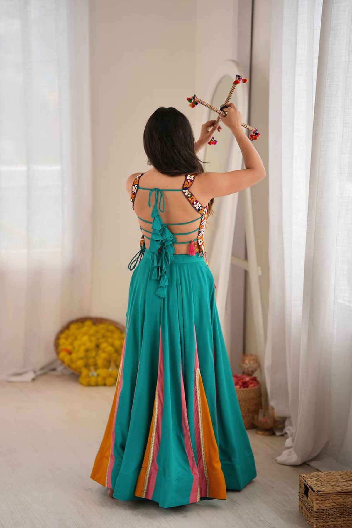 Teal Green Designer Lehenga Choli with Mirror Work, Thread Work & 6 Meter Flair