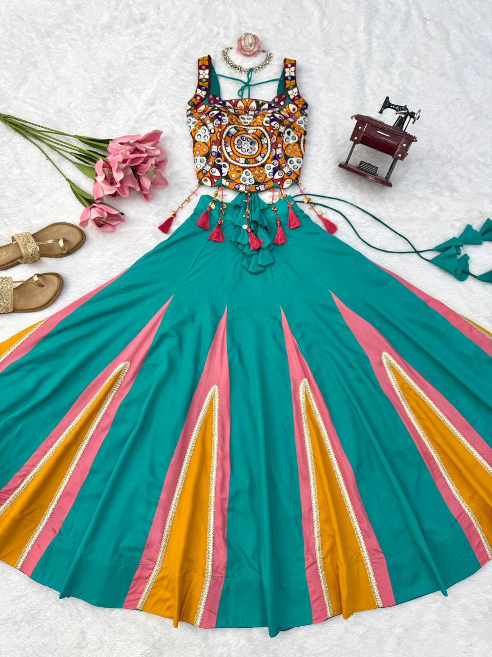 Teal Green Designer Lehenga Choli with Mirror Work, Thread Work & 6 Meter Flair