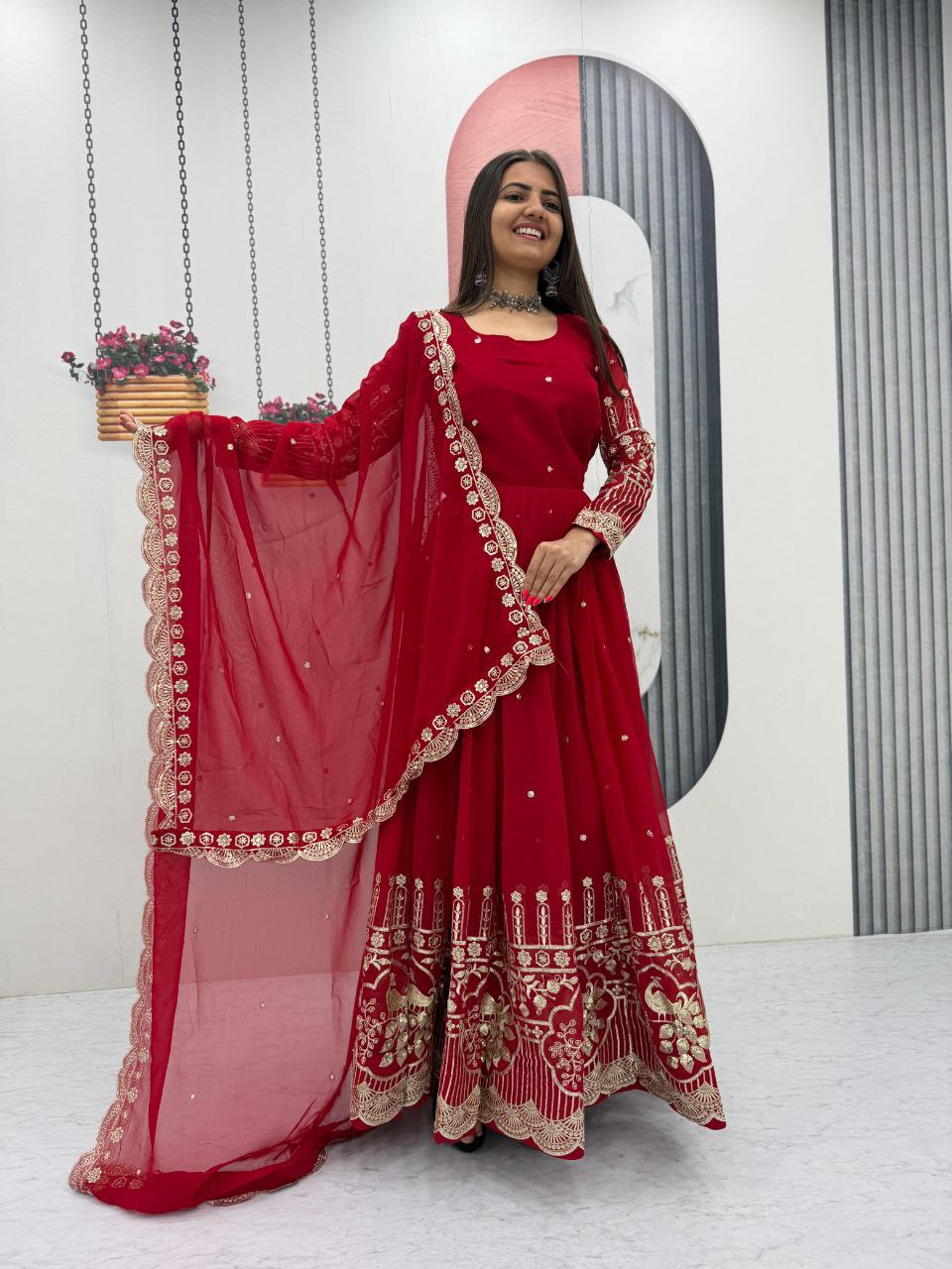 Ruby Red Fox Georgette Embroidered Anarkali Gown With Dupatta