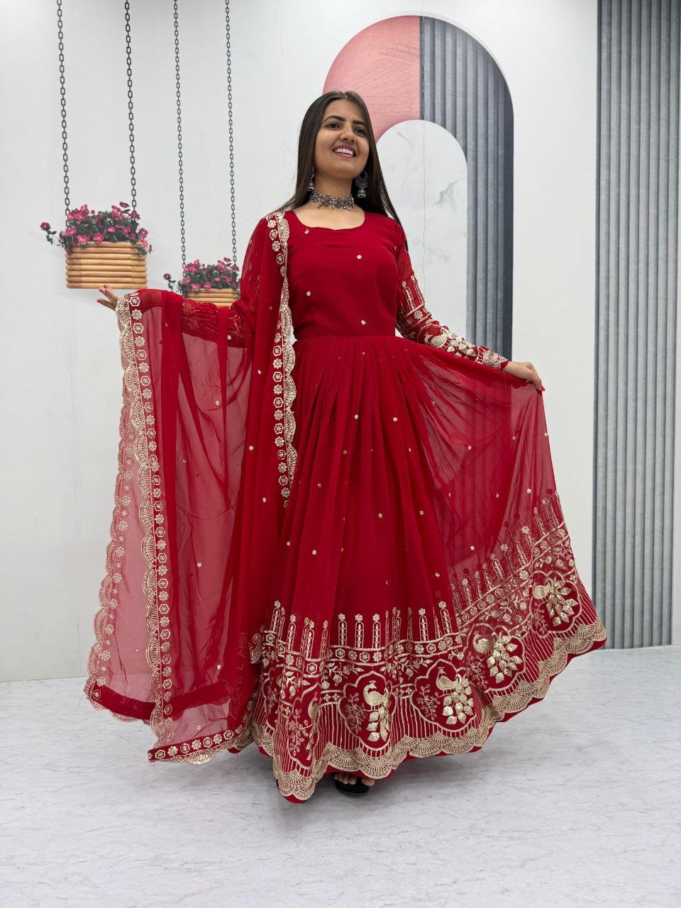 Ruby Red Fox Georgette Embroidered Anarkali Gown With Dupatta