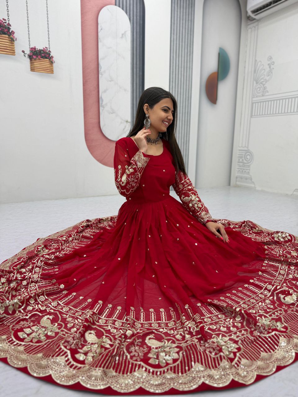 Ruby Red Fox Georgette Embroidered Anarkali Gown With Dupatta